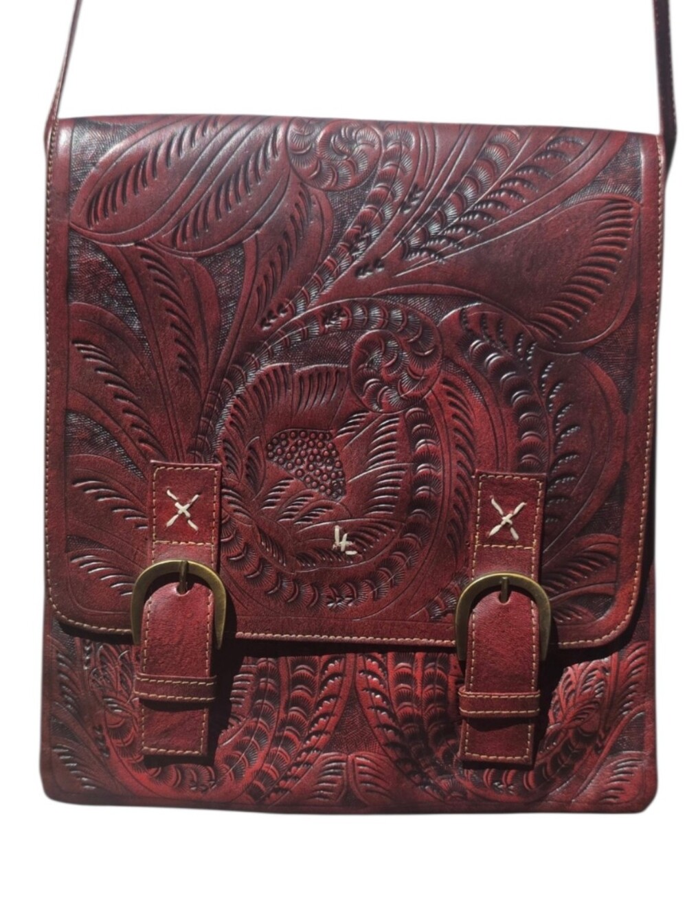 Vintage JL Saldivar Hand Tooled Red Leather Crossbody Messenger Bag Paraguay - Picture 3 of 15